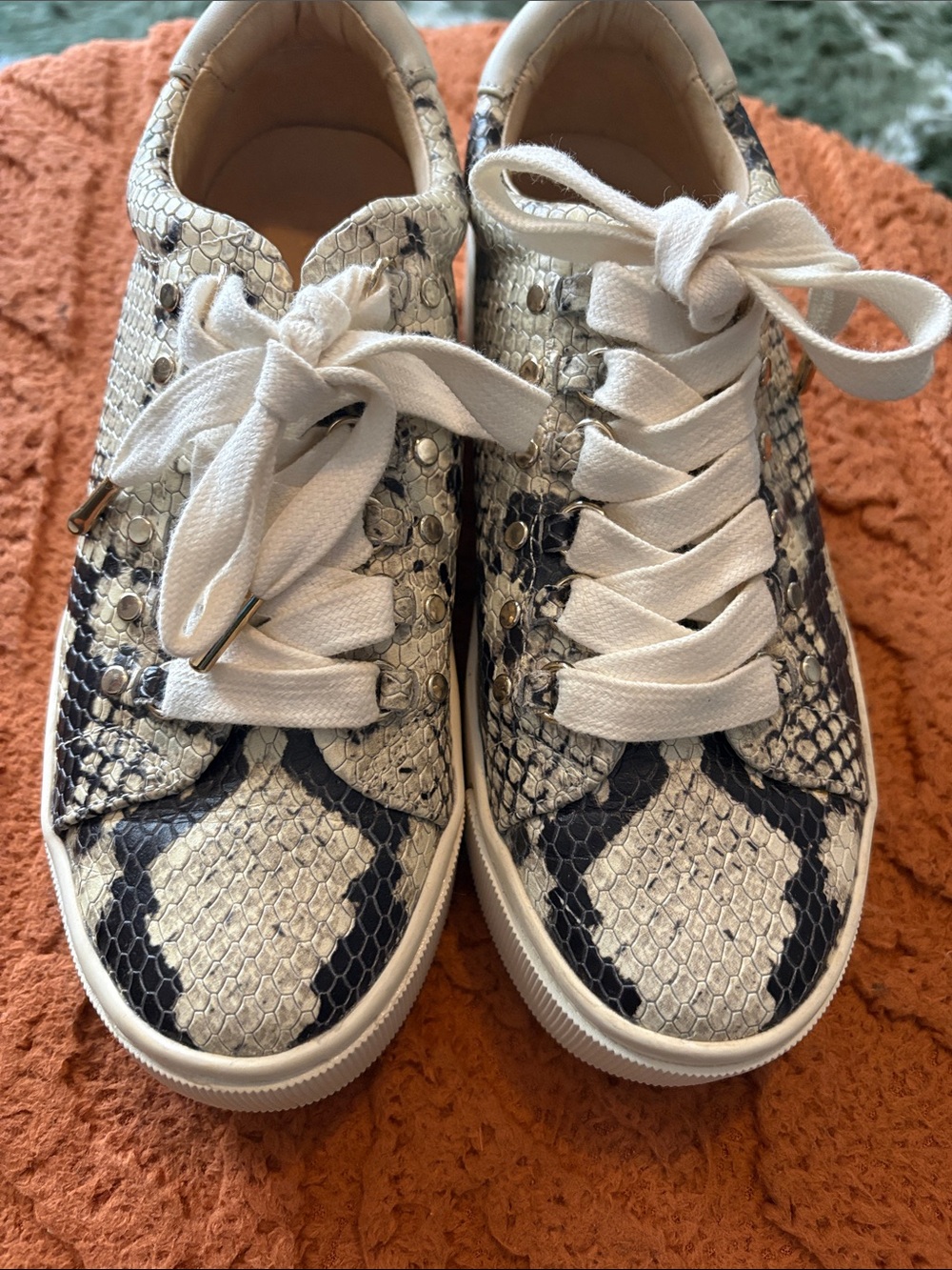 Joie White and Black Snakeskin-Print Leather Sneakers